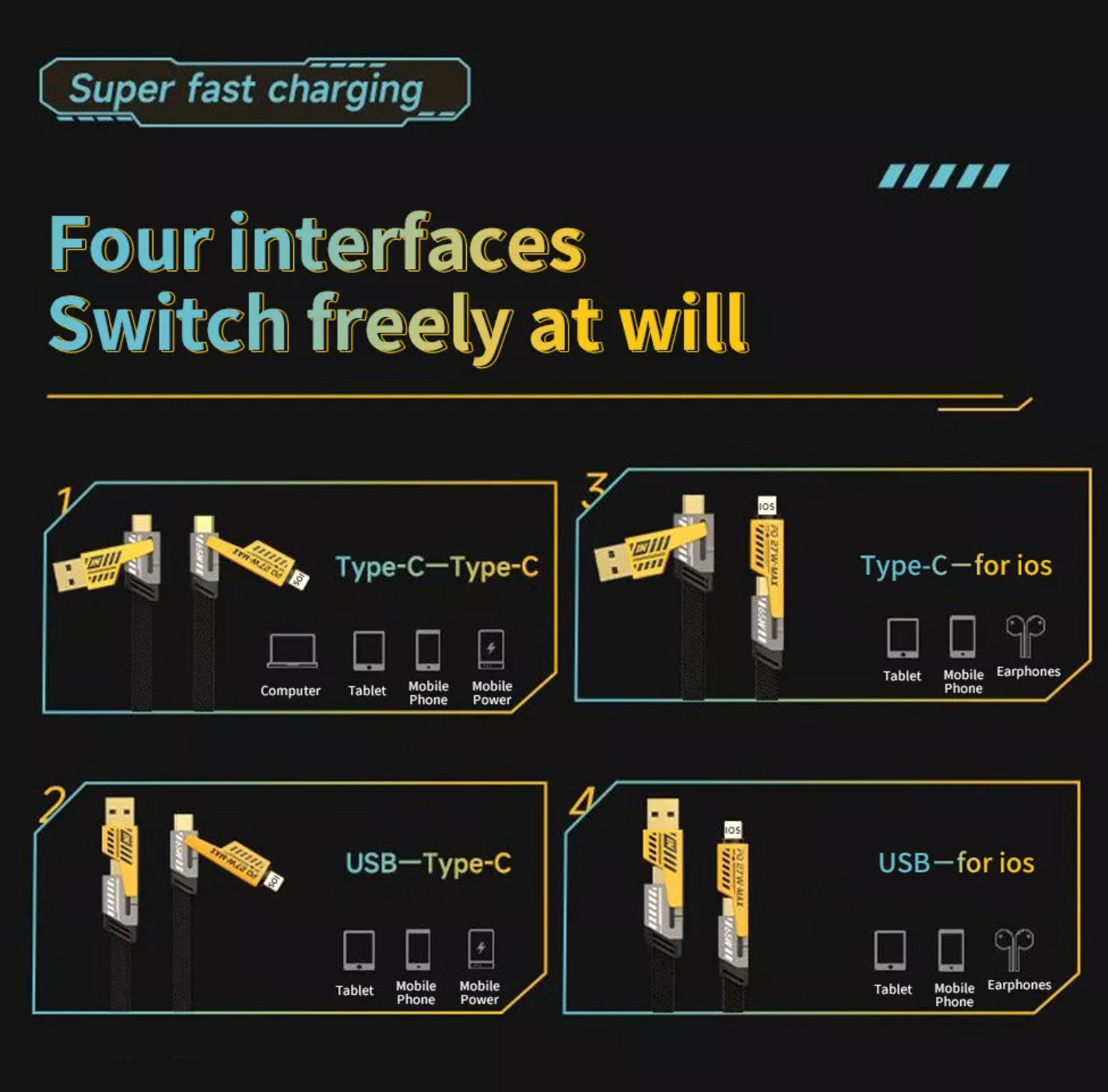 4 IN 1 USB FAST CHARGING CABLE DUAL TYPE C PD 27W 65W CHARGER DATA CORD FO IOS