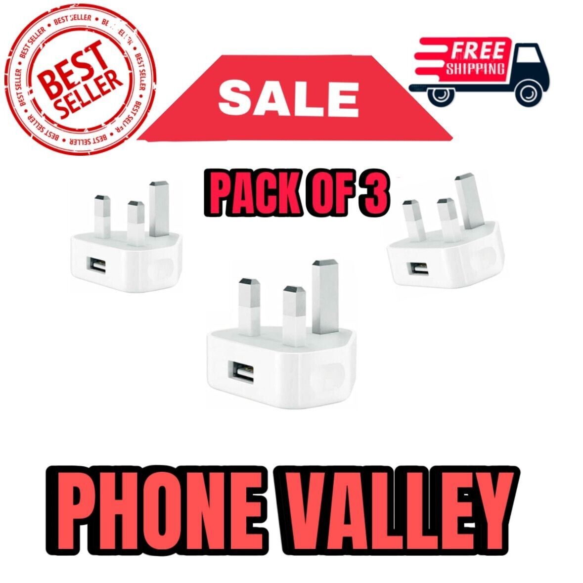 3 Pack UK USB Wall Charger 3 Pin Plug Main Adapter For Phones Tablet Power